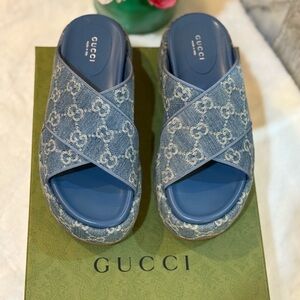 Gucci Denim Blue Monogram Slides